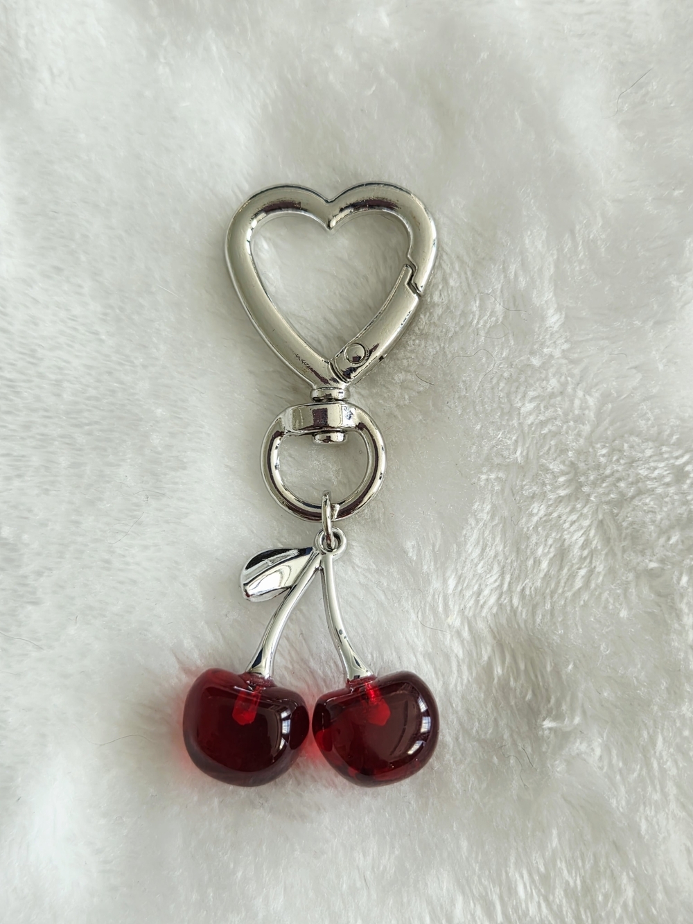 Silver Heart Keychain with Red Cherry Bag Charm Beautifu Fruit Purse Charm